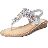 iCKER Women Rhinestone Sandals T-Strap Buckle Bohemian Pearl Crystal Flat Sandals