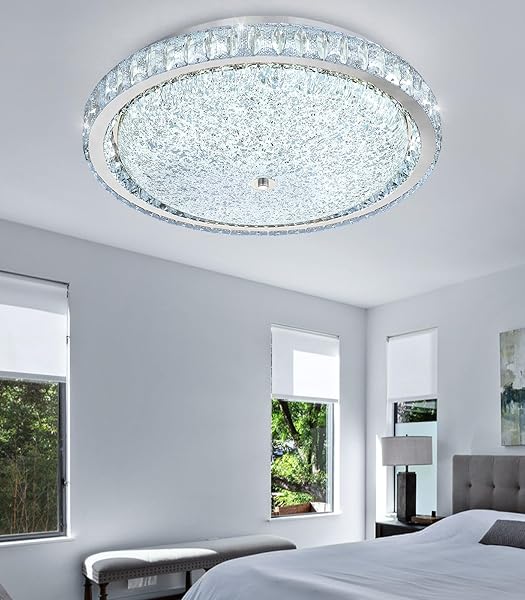 AFQEJG 19.6″ MODERN CRYSTAL CHANDELIER DIMMABLE LED FLUSH MOUNT CEILING LIGHT WITH REMOTE CONTROL FOR LIVING ROOM DINING ROOM BEDROOM HALLWAY FOYER SILVER
