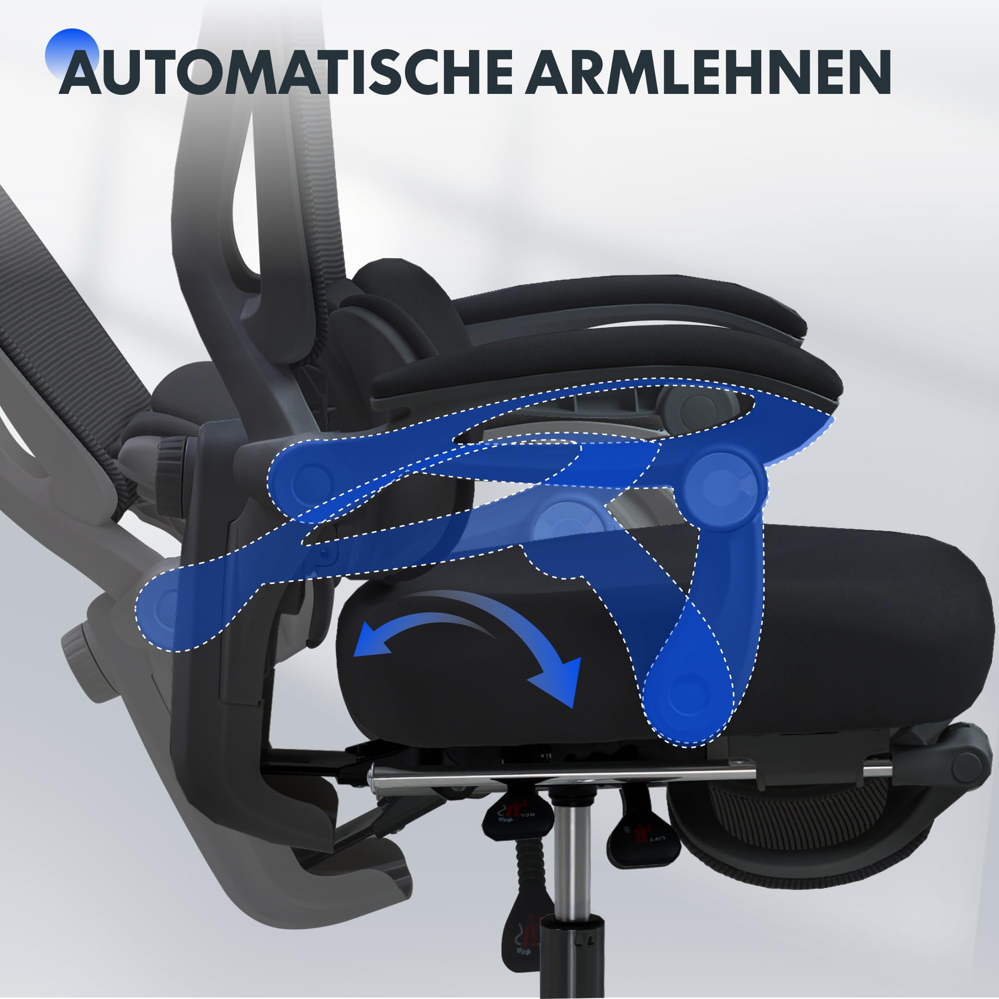 FLEXISPOT Ergonomischer Bürostuhl mit Fußstütze, X-förmiger Schreibtischstuhl mit 135°-Neigung, Gekoppelte Armlehnen mit zonenweise Einstellbarer Lendenstütze, Drehstuhl, 3D-Kopfstütze, Schwarz 9