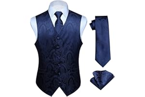 HISDERN Mens Vest Tie Set 3PC Formal Waistcoat Paisley Floral Jacquard Necktie Pocket Square Suit Vests Wedding Party