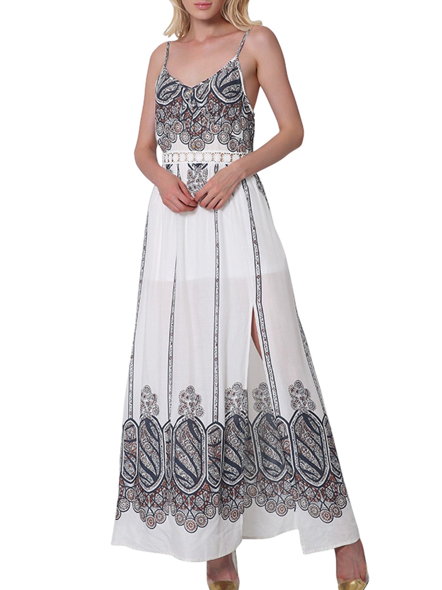 CHIC DIARY Women's Fashion Spaghetti Strap Printed Floral Split Summer Beach Maxi Dress (XXL, Khaki)