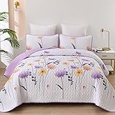 Dinjoy Floral Quilt Set Queen Size,Purple Bedspread Coverlet Botanical 3 Pieces Cute Fall Quilts Microfiber Lightweight Farmhouse Bedspreads Comforter Soft Bed Cover Sets for All Season(96"x90")