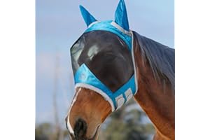 Harrison Howard CareMaster Pro Luminous Horse Fly Mask Large Eye Space Standard with Ears UV Protection for Horse Sky Blue Full Size