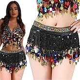 Belly Dance Hip Scarf Black for Women Dancing Costume Coin Belt Skirt