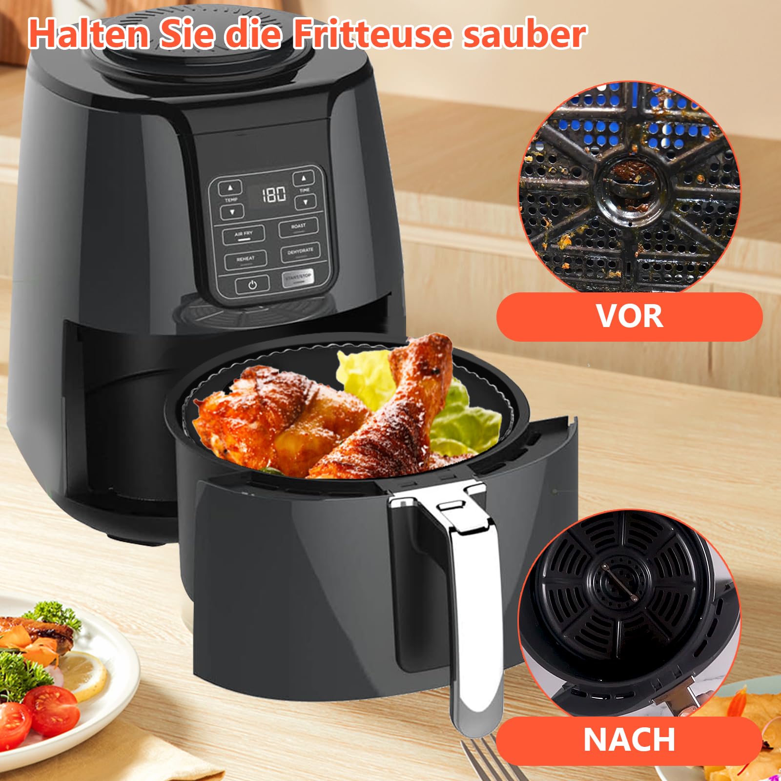 4PCS 19CM Heißluftfritteuse Zubehör - Airfryer Zubehör für Russell Hobbs 4L, Philips 2000-Serie 4,2L (NA229/00), Ninja 5,2L AF160EU, COSORI 3.8L, Grillrost Pizzapfanne Backpapier Silikonform 5
