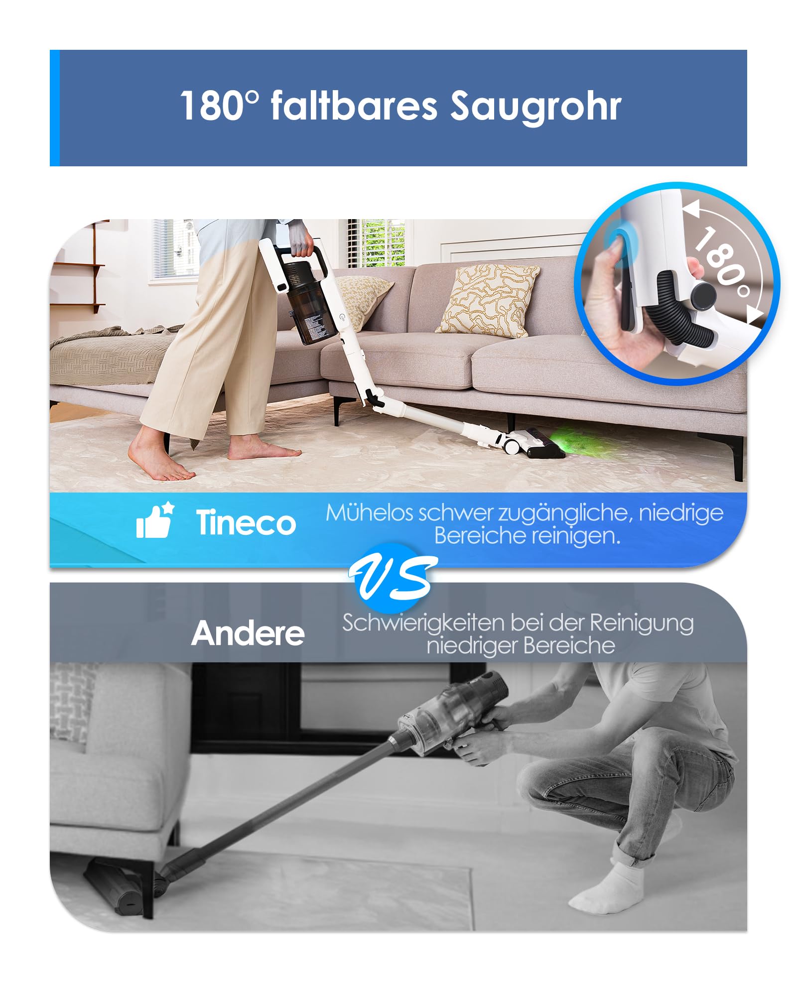 Tineco Pure ONE A50S Plus Kabelloser Akku Stabstaubsauger, Flex Akkusauger 70 Min., 3DSense Power Bürste, PureCyclone Technol. 1L Staubbehälter, 185W Saugleistung für groben Schmuze & Tierhaare 7