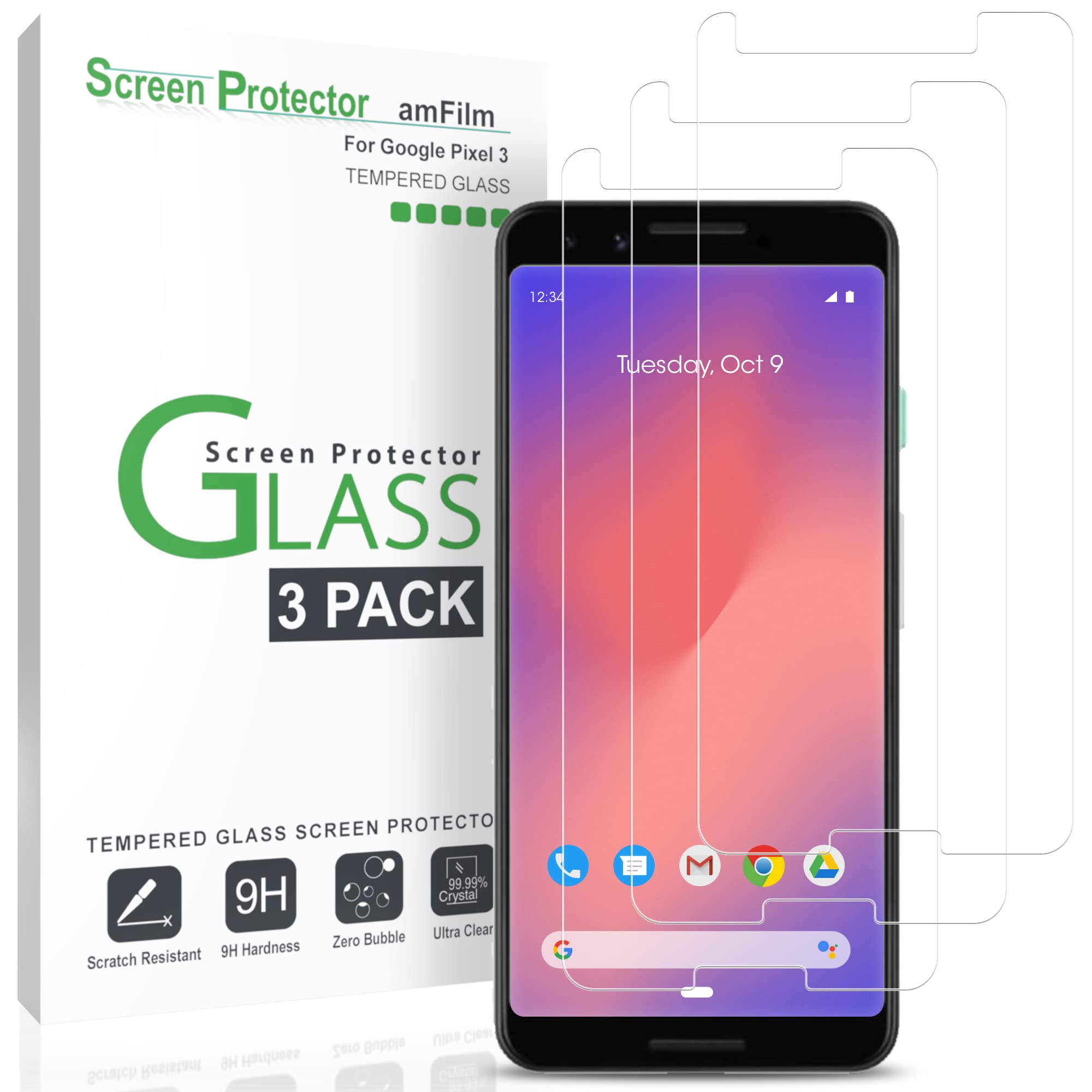 amFilm Pixel 3 Screen Protector Glass (3 Pack), Case Friendly Tempered Glass Screen Protector for Google Pixel 3