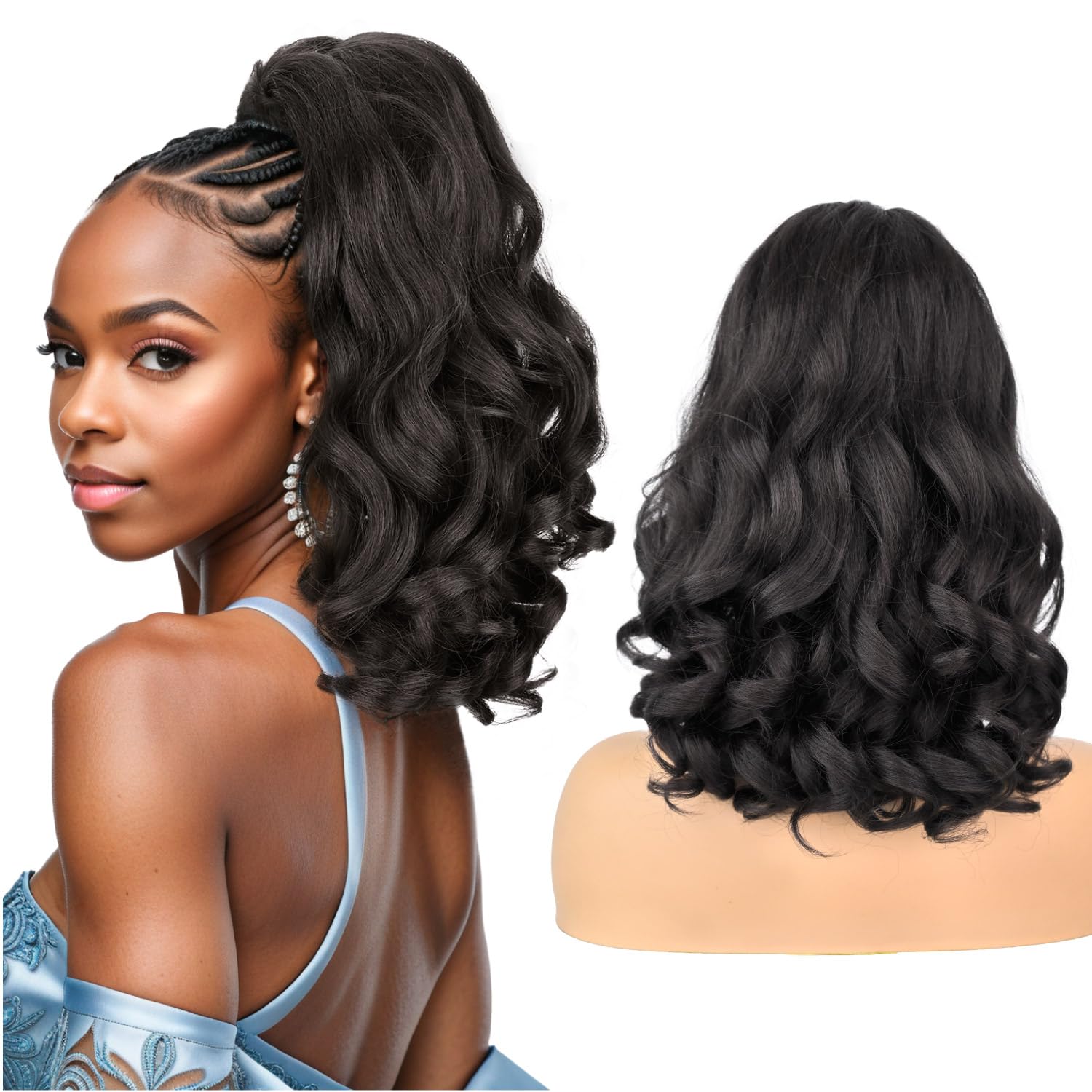 Photo 1 of UAmy Hair Curly Ends Yaki Straight Drawstring Ponytail for Black Women 18inch Long Brown Black Pony Tail Extension Synthetic Slight Kinky Straight Ponytail with Curly Ends(Brown Black)