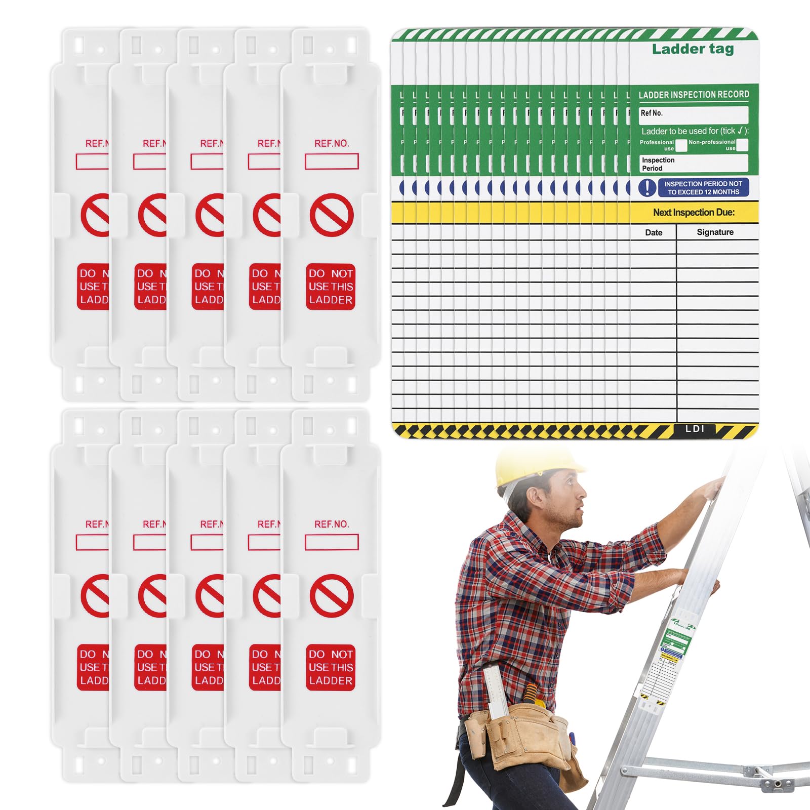 Ladder Tags, 10 Holders and 20 Ladder Inspection Tag Inserts, Waterproof Ladder Inspection Tags Inspection Record Kit for Ladder Safety for Indoor Outdoor