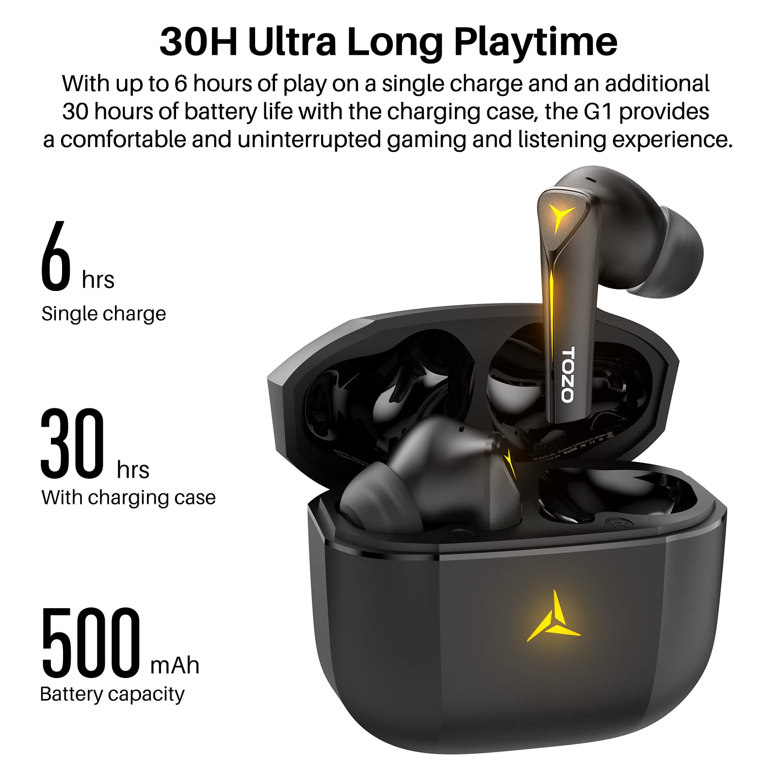 TOZO G1 Wireless Earbuds Bluetooth 5.3 Headphones with 45ms Ultra Low-Latency and Cool Breathing Light, Ergonomic Design, Gaming/Deep Bass Music Mode Headset Built-in Micro, Stereo Sound,Dark Black
