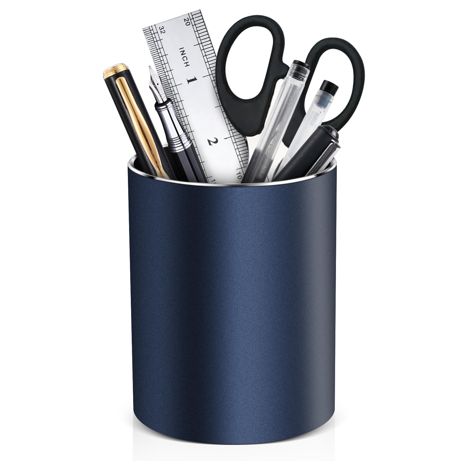 Photo 1 of Metal Pen Holder for Desk Round Aluminum Desktop Organizer and Makeup Brush Holder Storage Box for Office, School, Home, and Kids, Non-slip silicone bottom3.9×3.14inch (Blue)