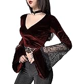 TSMNZMU Womens Gothic Velvet Crop Tops - V Neck Lace Patchwork Long Sleeve Shirt - Witch & Dark Goth Style