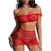 Milumia Women's 2 Piece Lingerie Set Heart Hollow Out Off The Shoulder Crop Top and Mini Skirt Sets