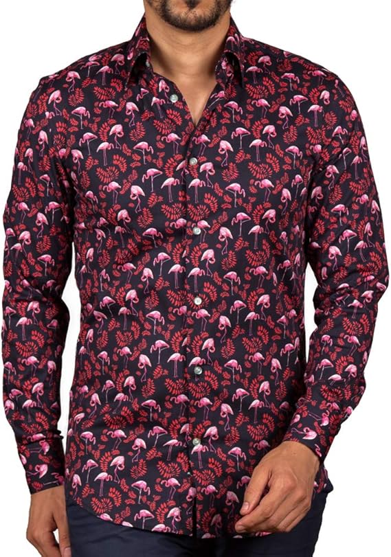 Amazon コトンドゥ Cotondoux メンズ 長袖シャツ 柄シャツ フラミンゴ柄 ブラック レッド M92ad1706redflamingo 41 シャツ 通販