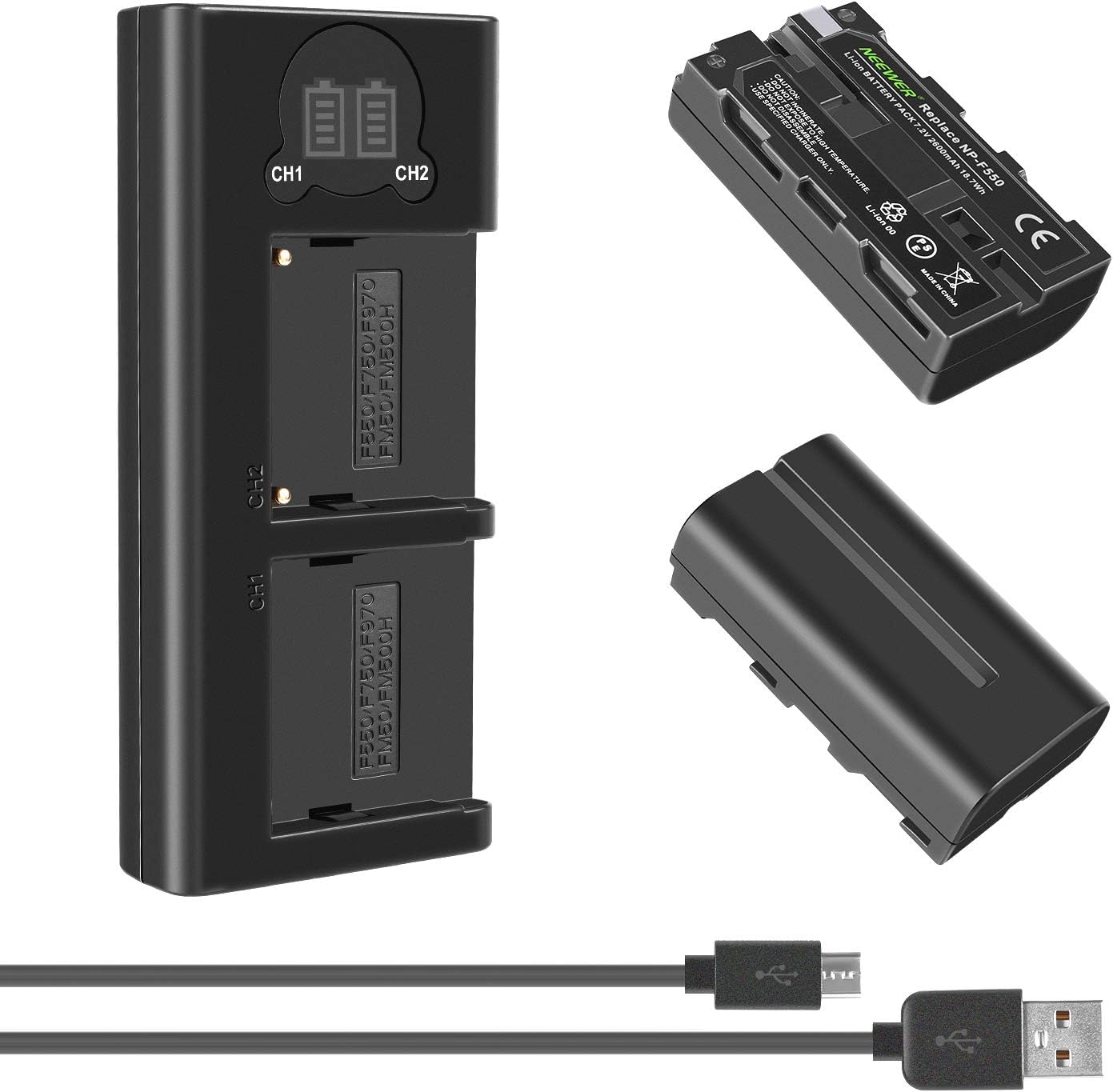 Neewer NP-F550 Battery Charger Set for Sony NP-F970 F750 F960 F530 F570 CCD-SC55 TR516 TR716 and More (2-Pack 2600 mAh Replacement Camera Batteries, Micro USB and Type-C Input Dual Charger): Home Audio & Theater