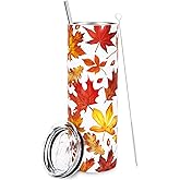 Whaline Fall Tumbler with Lid and Straw Red Orange Maple Leaf Stainless Steel Cup Autumn Leaves Tumbler Cup Travel Coffee Mug for Fall Thanksgiving Decor Gift Supplies