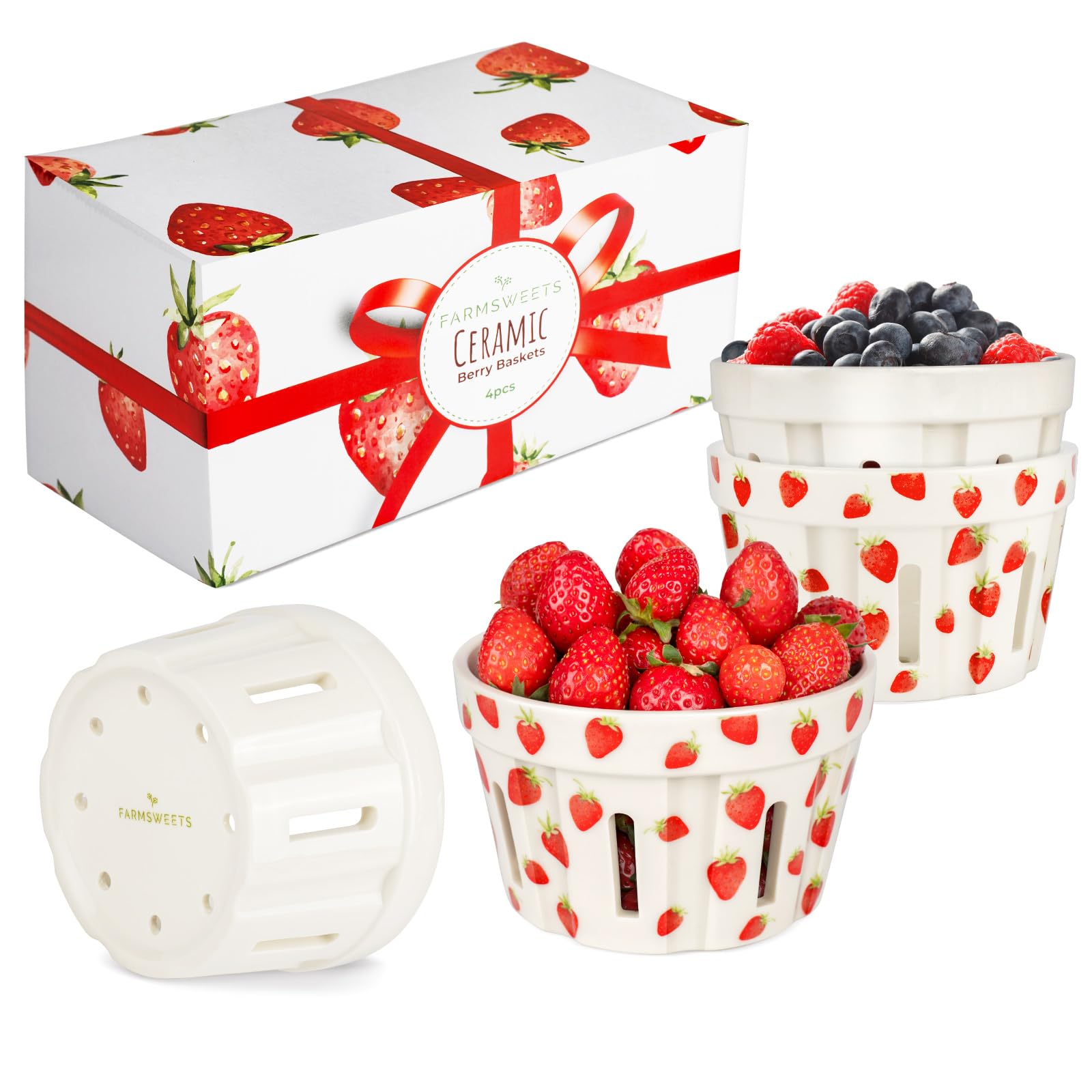 Photo 1 of Ceramic Berry Basket Set of 4 - Rustic Berry Bowls with Holes, Strawberry Basket, Ceramic Colander & Fruit Basket, Decorative Berry Baskets with Gift Packaging for Fridge, Kitchen or Table Storage.