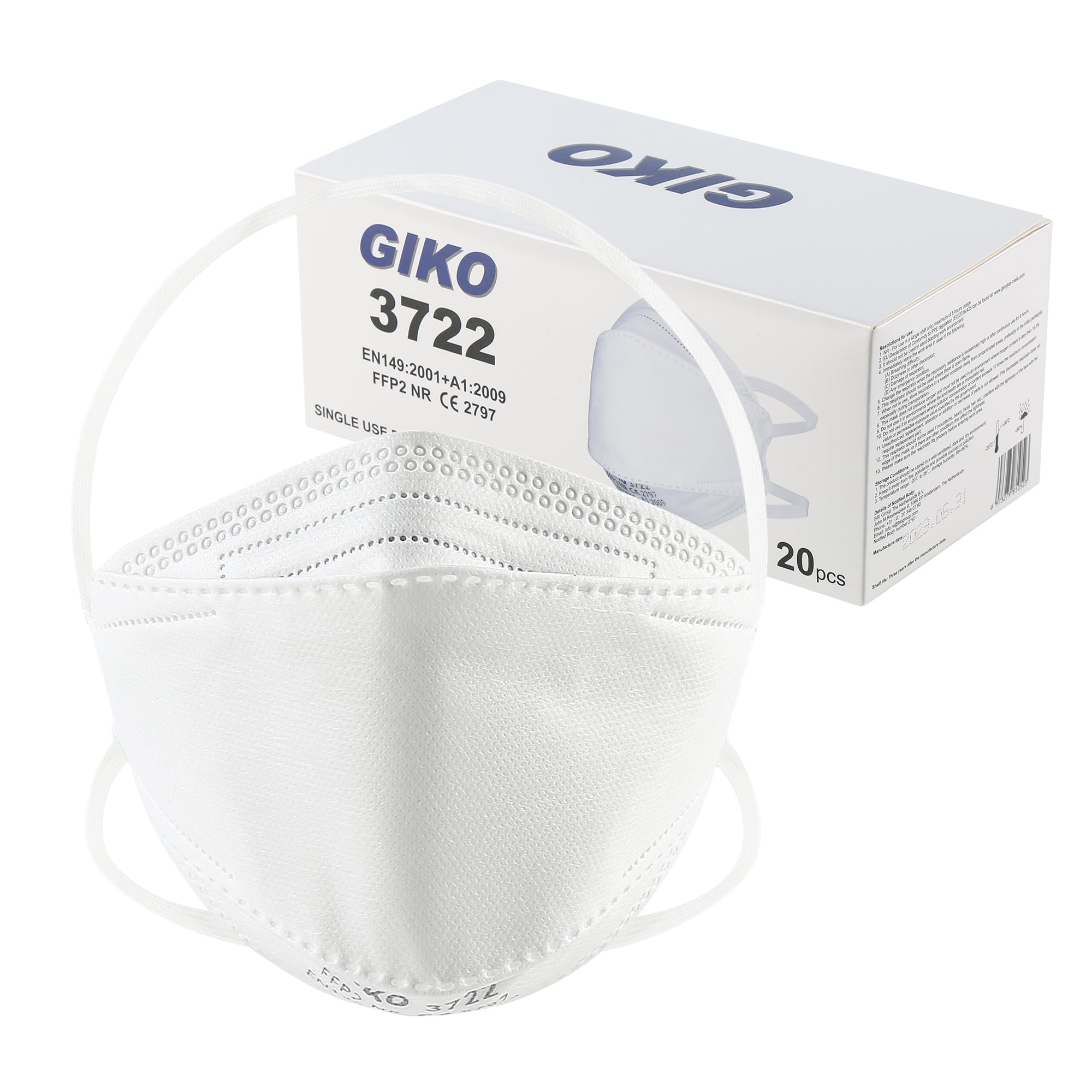 GIKO FFP2 Mask Pack of 20 FFP2 Masks Individually Wrapped FFP2 Respirator Mask 4-Layer Dust Mask Disposable Face Masks, White