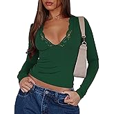ZREQV Women's Long Sleeve Crop Tops Sexy V Neck Trim Lace Tees Y2K Spring Fashion Slim Fitted T Shirts Going Out Tops