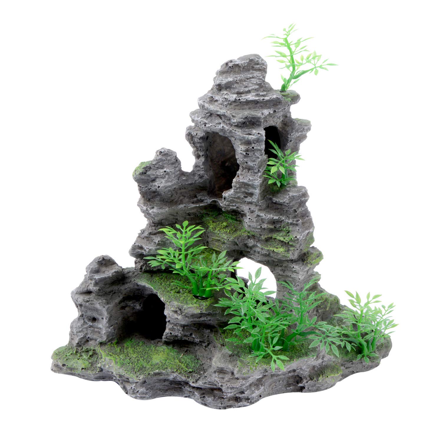 Uotyle Aquarium Mountain View,Rocks Hideout Cave Resin Fish Tank Stone Ornament with Small Plants for Small Betta Shrimp to Swim Hide Play, 9 x 4 x 9 inch