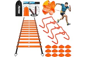 KUTIZE Agility Training Equipment, Soccer Training Equipment, Agility Speed Training Set for Kid Youth Adults, 20FT Agility Ladder, 4 Hurdles,12 Soccer Cones, Jump Rope, Running Parachute, Drill Charts