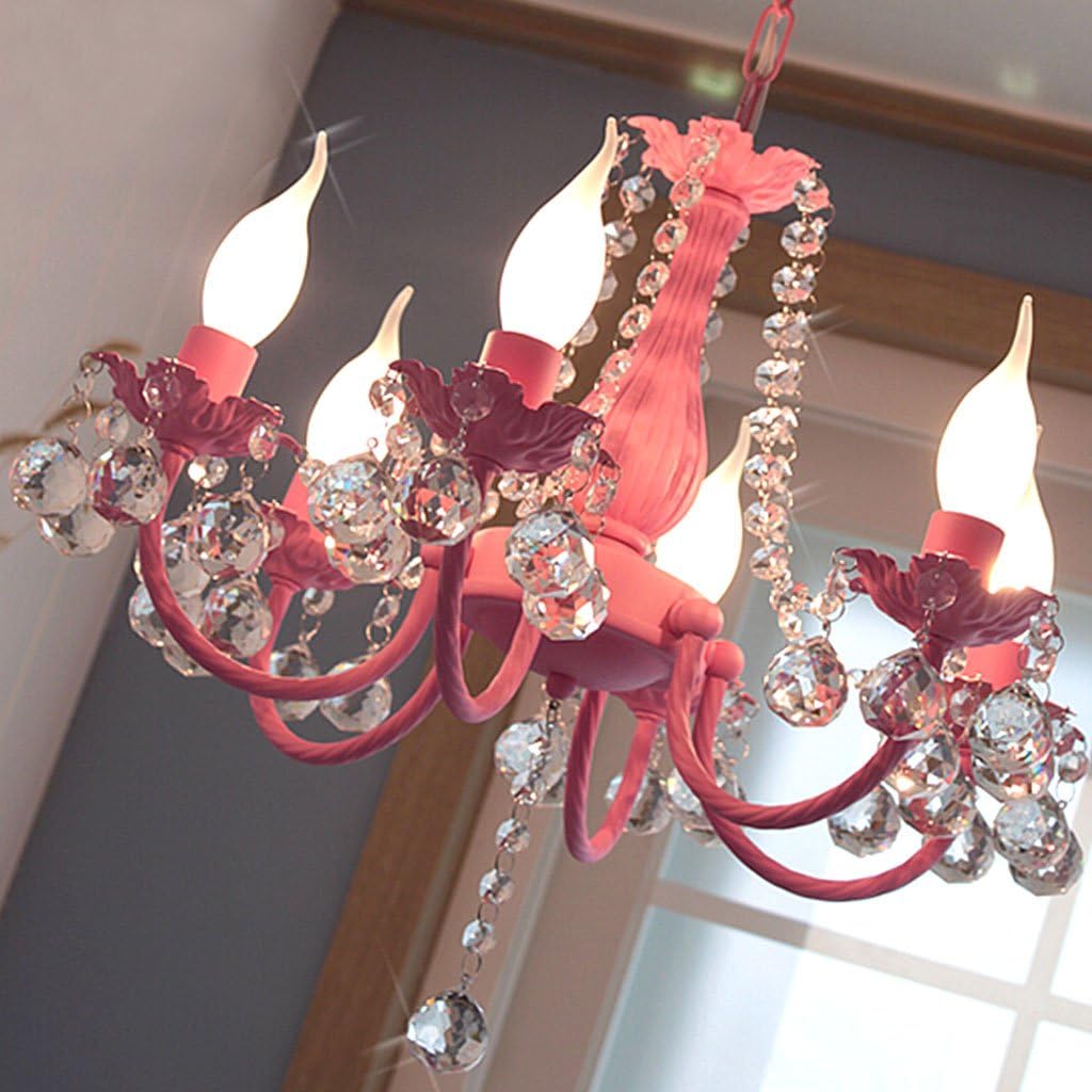 FriendShip Shop Chandeliers European Pastoral Crystal Lamp Iron Pink Princess Girl Room Children Bedroom Lights (Color : Pink)