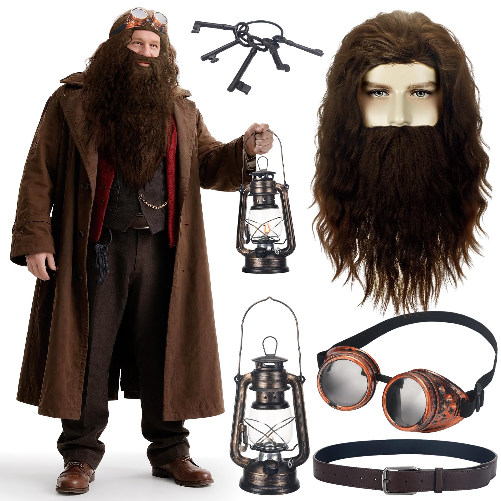Photo 1 of CraftyDream 5 Pcs Wizard Party Costume Halloween Cosplay Wizard Brown Wig and Beard Retro Steampunk Goggles Glasses for Men Halloween