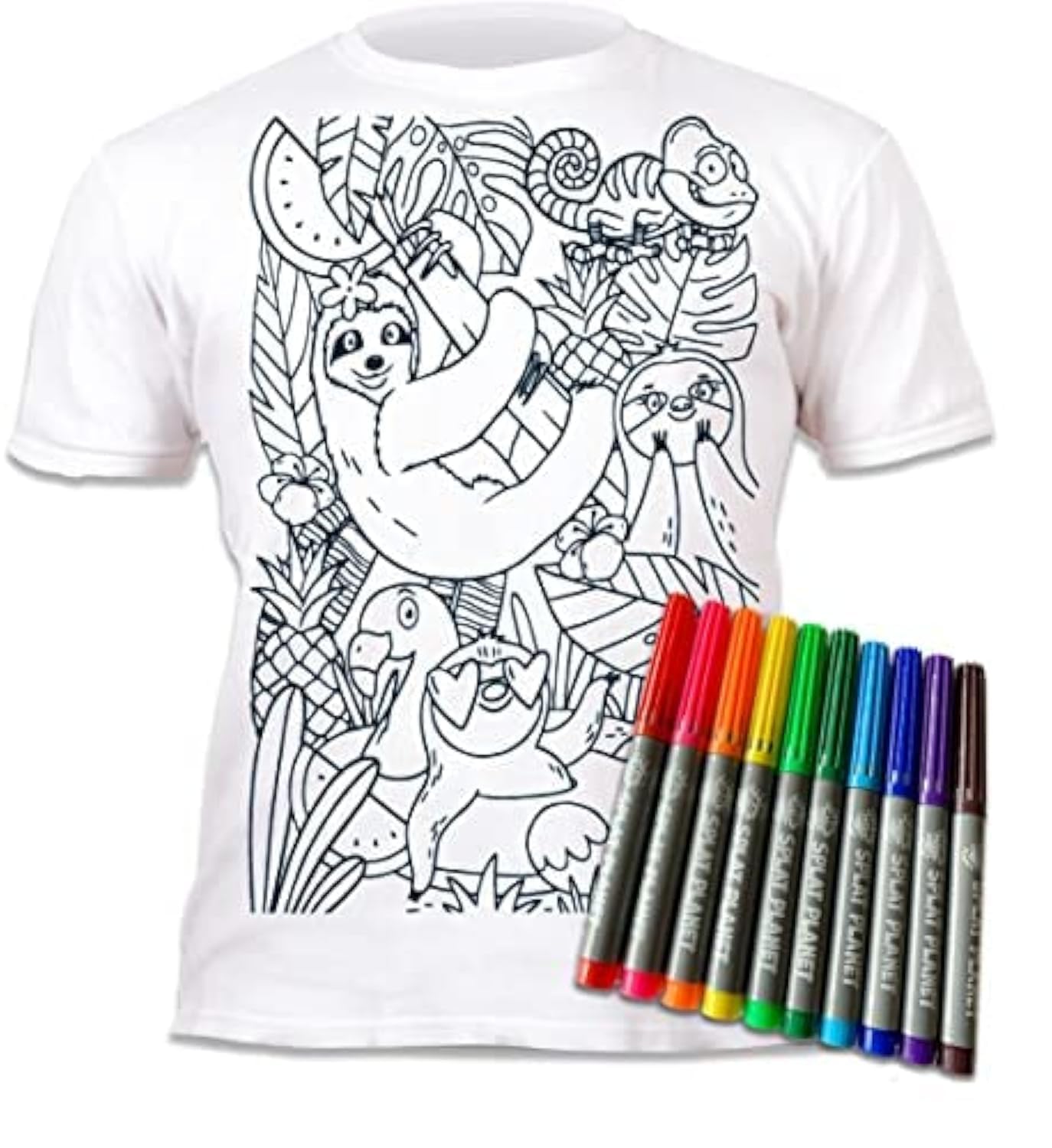 Splat Planet Colour-in Sloth Jungle T-Shirt with 10 Non-Toxic Washable Magic Pens - Colour in and Wash Out T-Shirt (7-8 Years) White