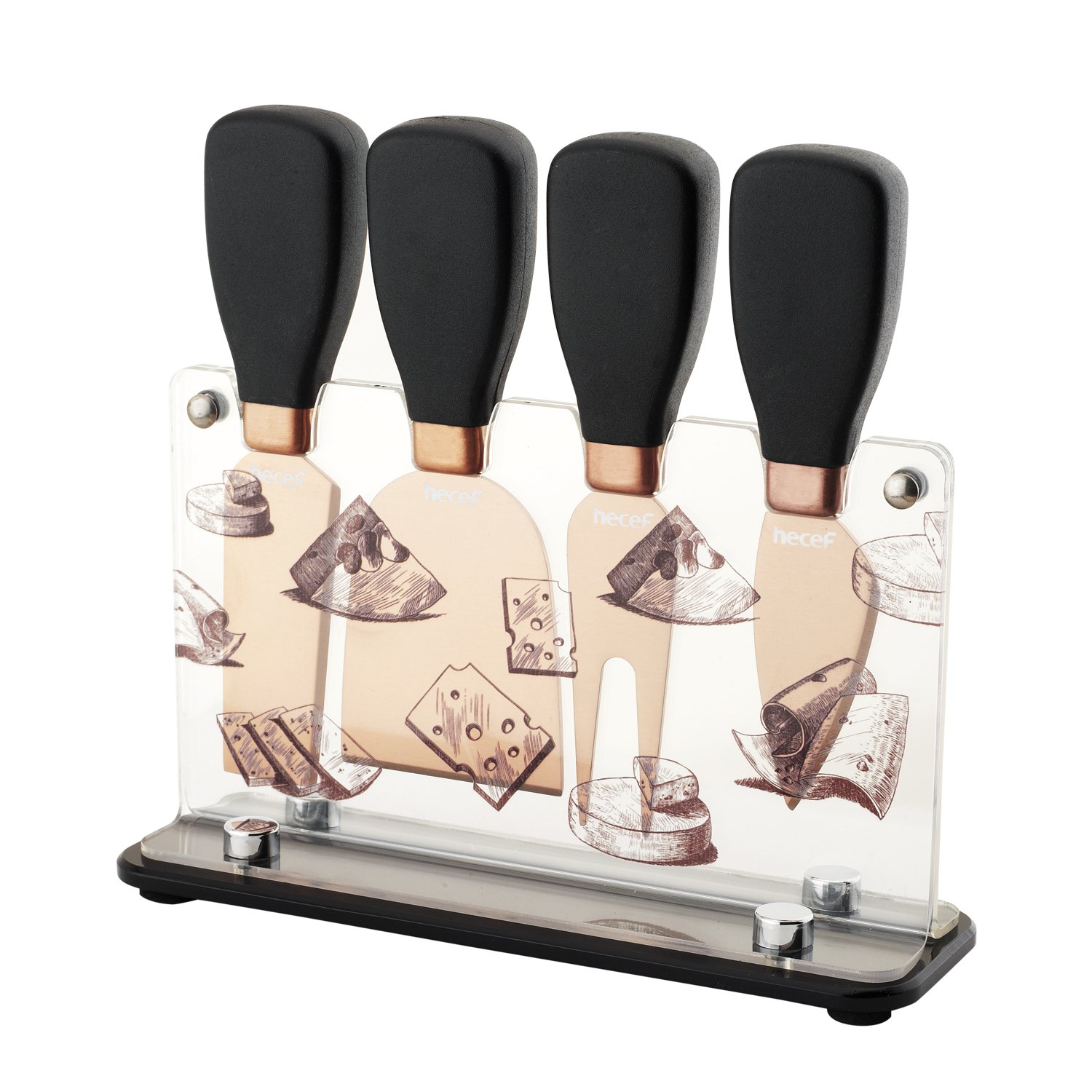 Hecef Cheese Knife & Acrylic Stand Set of 5 - Stainless Steel Cheese Slicer with PP Handle & Acrylic Stand