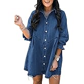 Sidefeel Womens Smocked 3 4 Sleeve Button Down Denim Jeans Dresses
