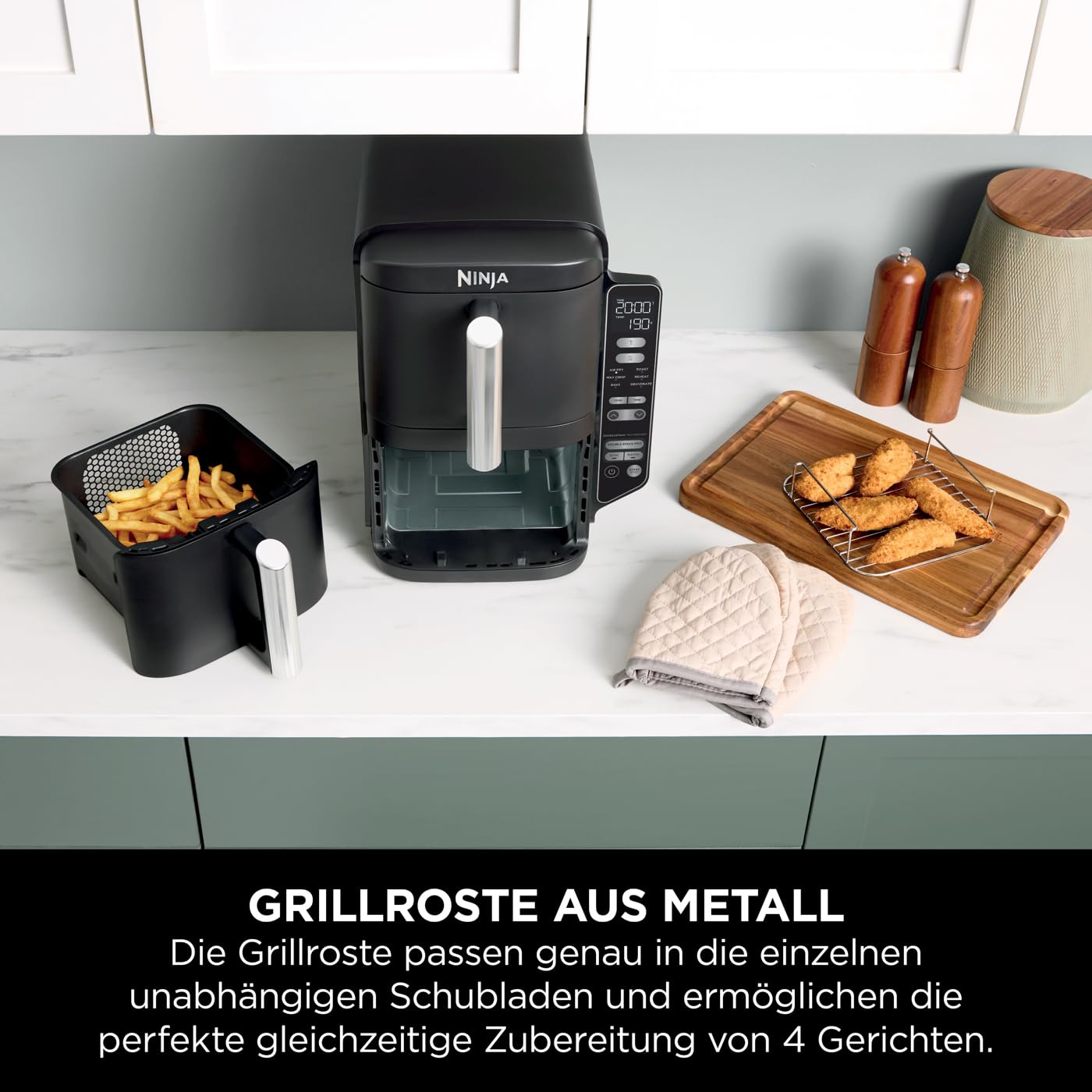 Ninja Double Stack Heißluftfritteuse, 7,6L Digitale Air fryer Doppelkorb mit 4 Kochstufen, 2 Schubladen, 2 Gestelle, platzsparendes Design, 6 Kochfunktionen, 6 Portionen, Schwarz SL300EU 6