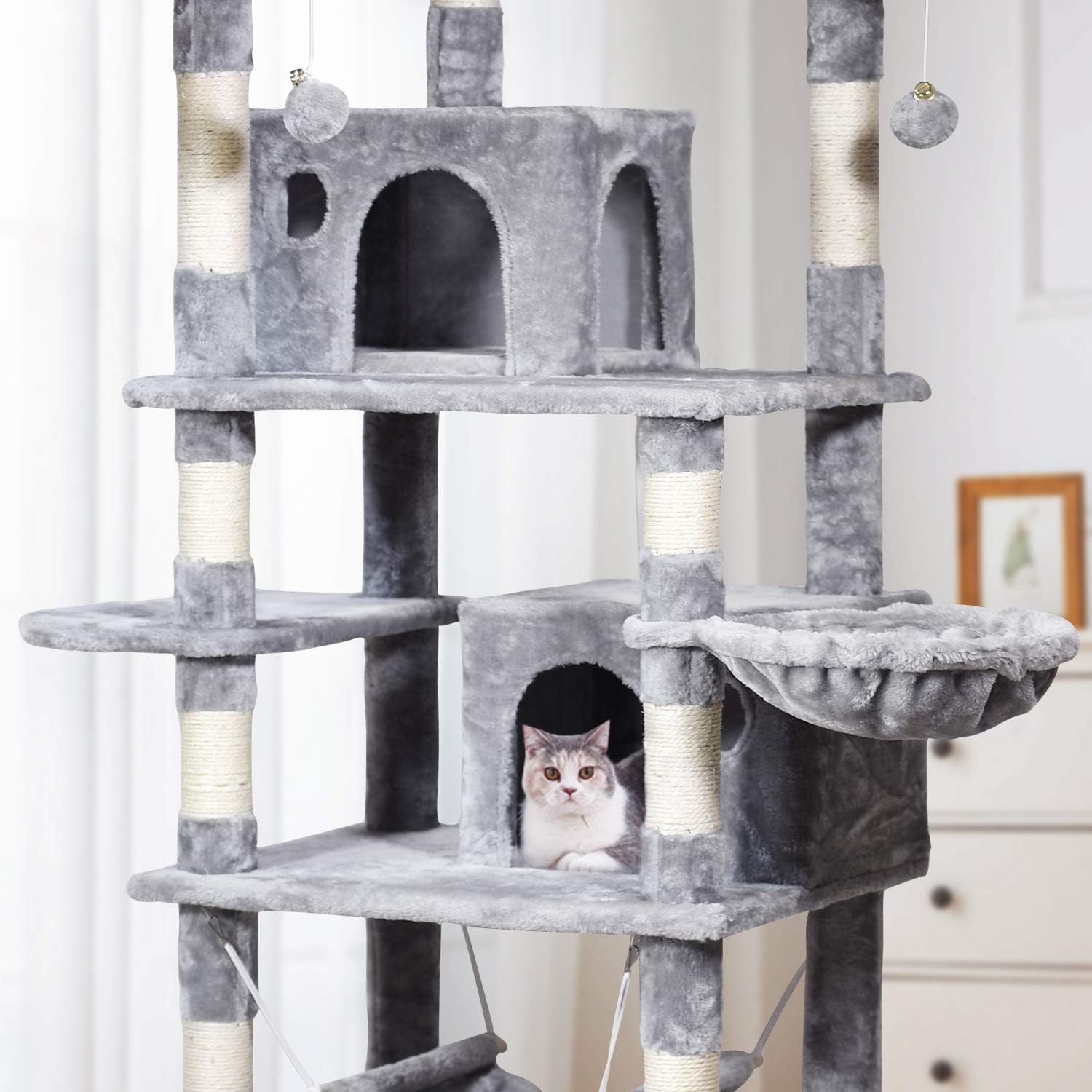 MQ Multi-Level Cat Tree, Activity Center Cat Tower Furniture 67" with Sisal-Covered Scratching Posts 3Pcs Padded Plush Perches Dual Condo & Basket Removable Hammock for Adult Large Small Cats (Gray) : Pet Supplies