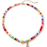 Elystara Initial Necklace for Girls, Beaded Initial Necklace with Heart Pendant, Colorful Beaded Necklace Bubble Letter Necklace, Adjustable Necklace for Teen Girls Kids Women, Birthday Gift