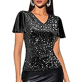 DRESSTELLS Womens Sequin Tops V Neck Ruffle Sleeve Sparkly Blouses for Party Disco Concert Outfits
