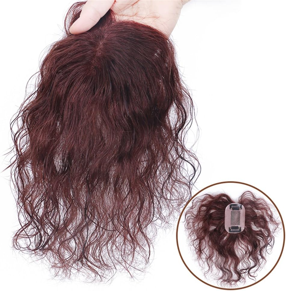 Hand Made Mono Curly Human Hair Clip in Toppers Wiglet for Women with Thinning Hair (6" Dark Brown)