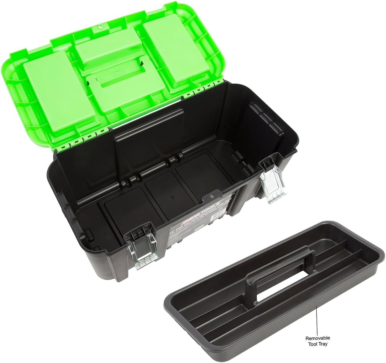 OEMTOOLS 22160 19 Inch Tool Box with Removable Tool Tray, Small Parts Organizer in Lid, Heavy Duty Tool Box with 2 Metal Latches, Rated up to 40 Lbs., Green - - 