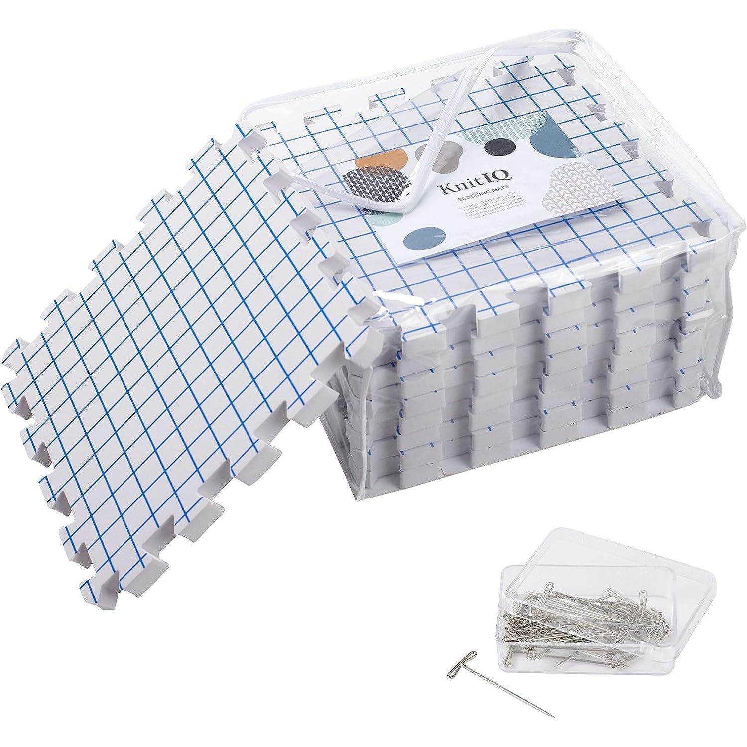 KnitIQ Extra Thick Blocking Mats for Knitting and Crochet Projects - 9-Piece Crochet Blocking Board Set with Gridlines, 100 T-Pins, and Storage Bag - Durable Blocking Board for Crochet and Knitting