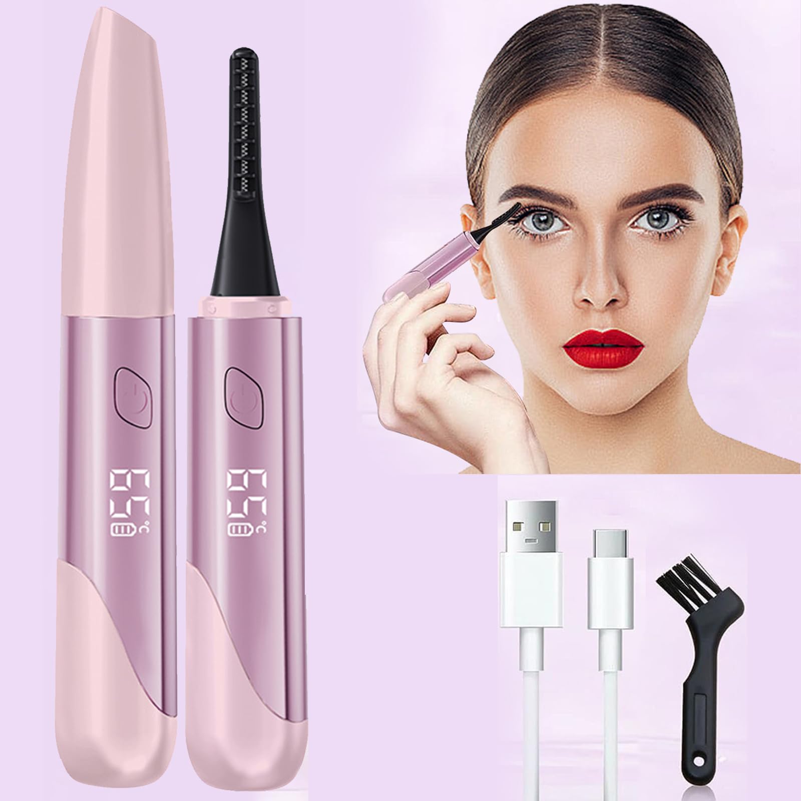 Heated Eyelash Curler, USB Rechargeable Electric Eyelash Curler, 15s Quick Heat, 4 Gear Temperature Control with LED Display Mini Eye Lash Curler for Women Girlsink (Pink)