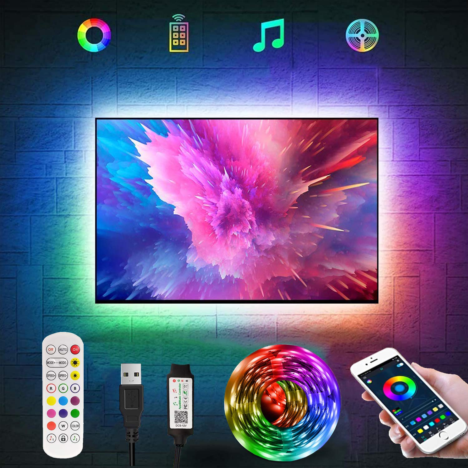 AIJIAER LED Strip Light, 2m TV Backlight for 40-60 Inch TVs, Bluetooth App Control Sync to Music, USB Bias Lighting Kit With Remote - RGB 5050 LEDs Color for Room Bedroom