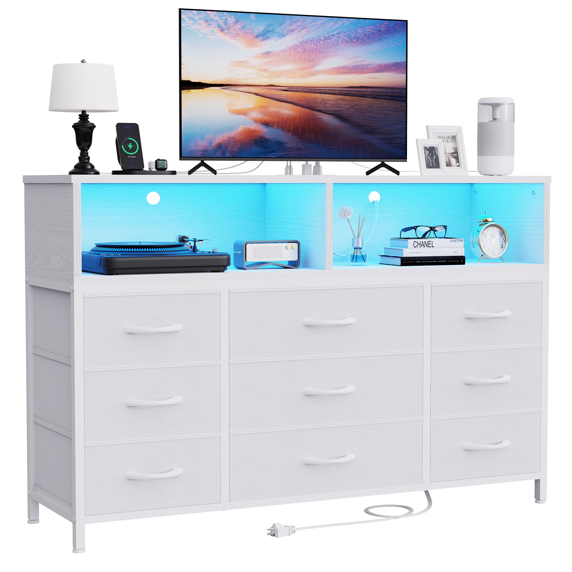 Photo 1 of eiskah White Dresser for Bedroom, 9 Drawers Led Dresser TV Stand with Power Outlets and LED Lights, Long Fabric Dressers Wide Chest of Drawers with Large Organizer for Living Room, Entryway, Hallway