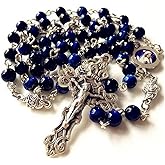 elegantmedical HANDMADE Blue Tiger Eye Beads & Silver Rose Beads ROSARY CROSS Crucifix Necklace box