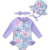 Renotemy Baby Girls Swimsuit Summer Infant Girl Bathing Suit Zipper Long Sleeve One-Piece Rash Guard Swimwear with Hat 3M-3Y