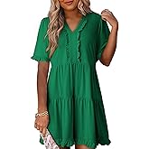 Dokotoo Women's V Neck Short Sleeve Tiered Ruffle Mini Skater Dress Casual Summer Swing Tunic Dress