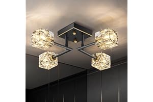 OKES Modern Crystal Ceiling Light,Semi Flush Mount Ceiling Light Fixture with 4-Lights,Black and Gold Sputnik Chandeliers for Bedroom,Dining Room,Farmhouse Kitchen,Office,Entryway Hallway
