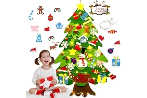 TRYYRT Montessori Felt Christmas Tree for Toddlers, 3.2FT DIY Wall Xmas Tree with 32 Ornaments and LED Lights, Educational 3D Fake Tree for Kids Home Door Window Decor (Merry Christmas)
