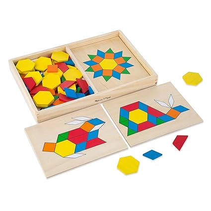 Melissa & Doug Pattern Blocks and Boards Classic Toy (Developmental Toy, Wooden Shape Blocks, Double-Sided Boards, 120 Shapes & 5 Boards)