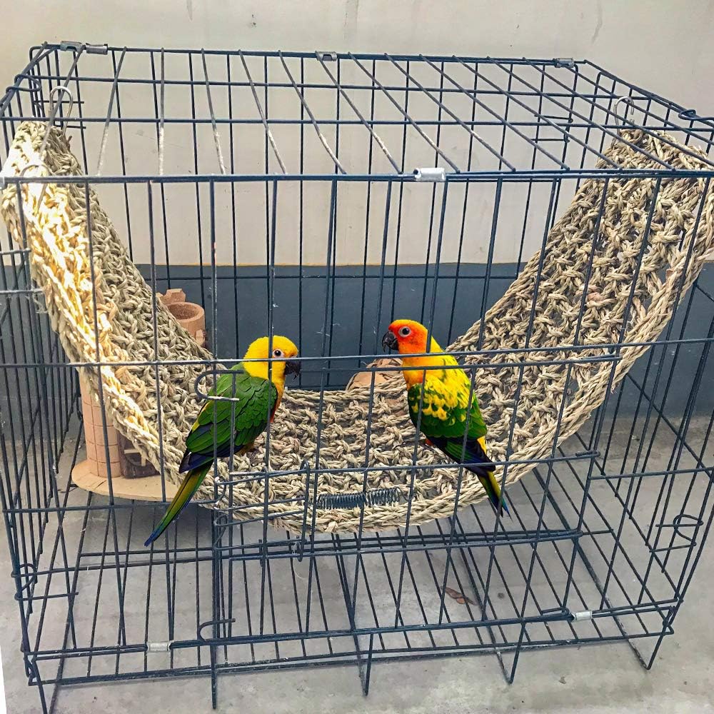 Bird Seagrass Mat, Natural Grass Woven Net Hammock Hanging on Parrot Cage with 4 Hooks, Parakeet Climbing Rope Ladder Chew Toys for Lovebird Cockatiel Conure Budgie, Cockatoo Supplies 28.3" x 6.7" : Pet Supplies