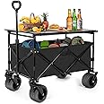 SHINLEYPACK Collapsible Wagon with Table, Large Capacity Foldable Wagons Carts, Beach Wagon with Big Wheels, Heavy Duty Beach Car Utility Wagon for Outdoor Park, Shopping, Sports, Camping, Garden