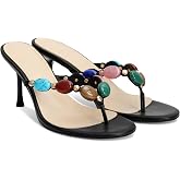 MAIJED Jeweled Flip Flop Kitten Heels for Women Open Toe Beaded Strappy High Heels Sandals Slip On Thong Heeled Mules Mid Heel Fashion Party Dress Shoes