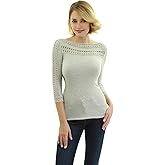 AmélieBoutik Women Boatneck Eyelet Trim 3/4 Sleeve Knit Top Sweater